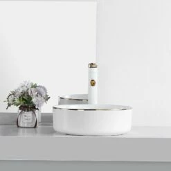 Vasque à Poser Blanc Brillant Gold Edge 36 Cm -Produits De Salle De Bain Soldes 2024 22782 vasque a poser ronde or