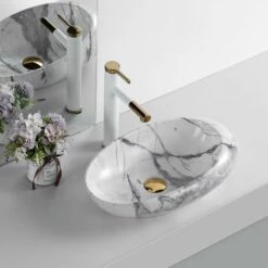 Vasque à Poser Effet Marbre Blanc Brillant Marbela 49 Cm